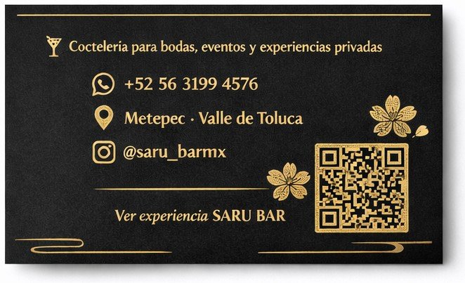 Tarjeta de presentación Saru Bar, reverso oro